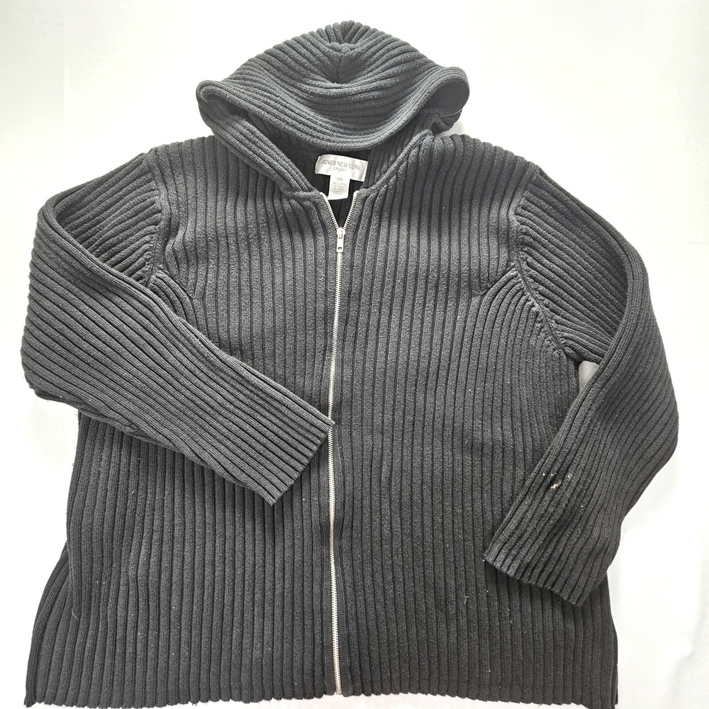 Jones New York Sport 3X Navy Blue Ribbed Full Zip Hooded Cotton Sweater Cardigan